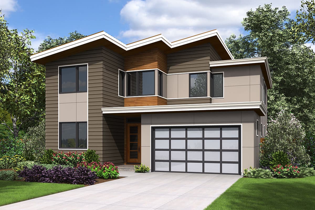 House plan exterior rendering. Modern style, two stories with a flat roof and a glass panel garage door. Includes large windows and horizontal siding.
