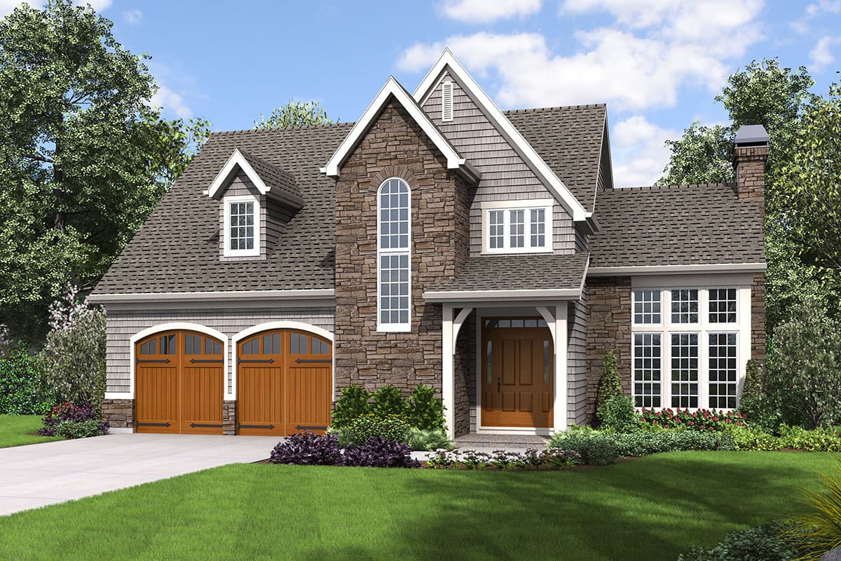 House plan exterior. Two-story home with a stone and shingle facade. Features include a gabled roofline, dormers, and a two-car garage.