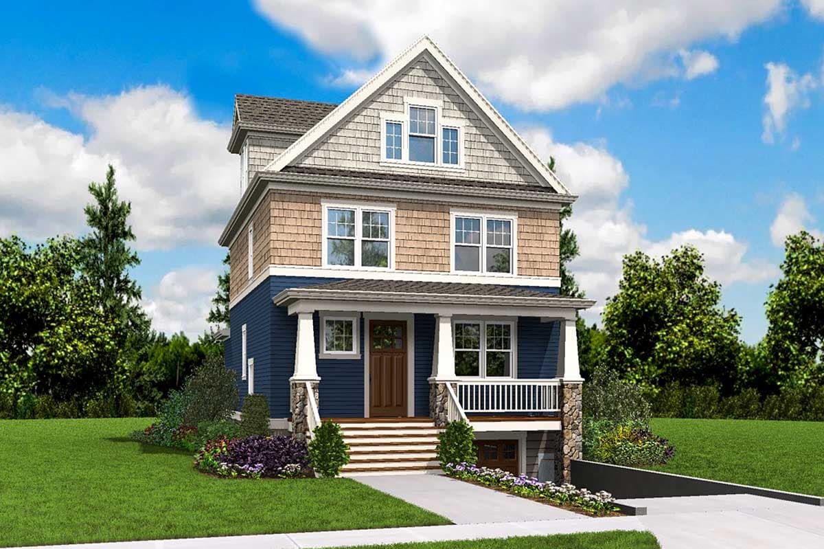 House plan exterior: Three-story home with prominent gable, covered porch with stone supports, and mixed siding.