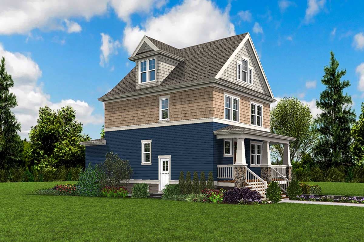 House plan exterior: Three-story dwelling with front porch, dormers, gable roof, and shingle and lap siding.