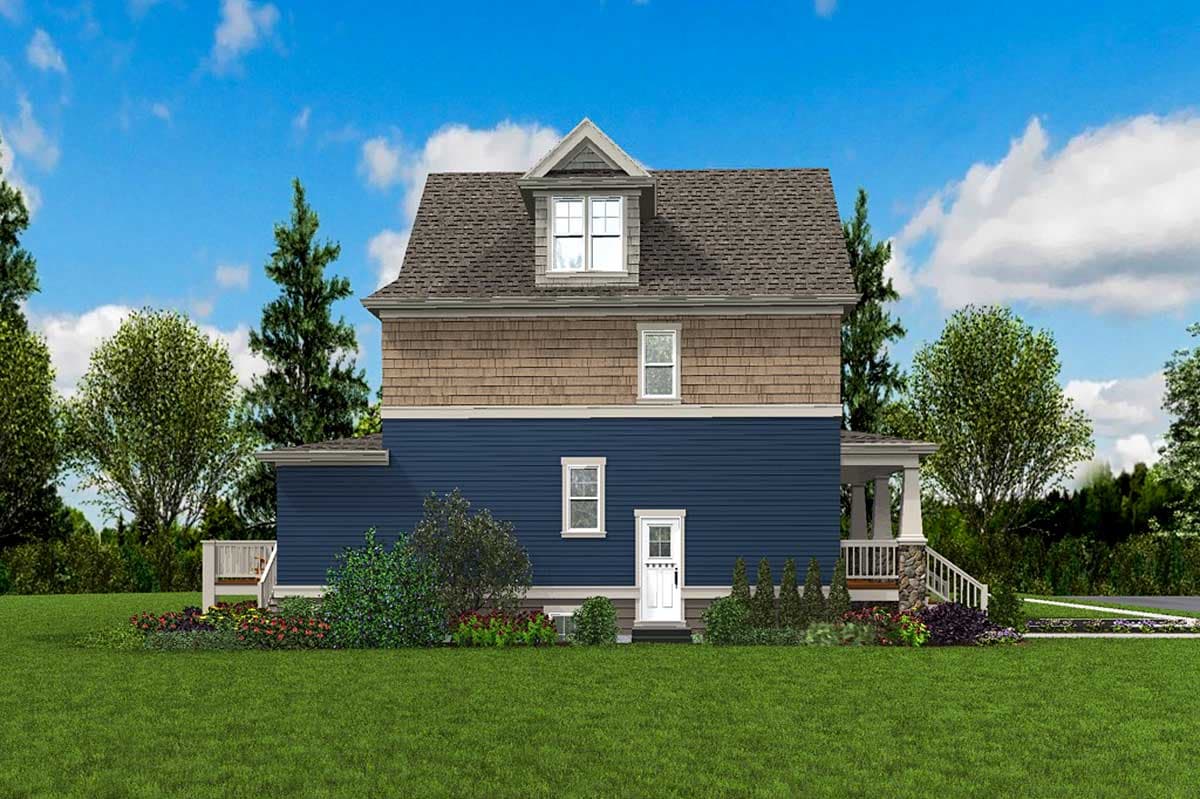 House plan exterior: Two-story home with a gable dormer, mixed siding, and a covered porch with stone accents.