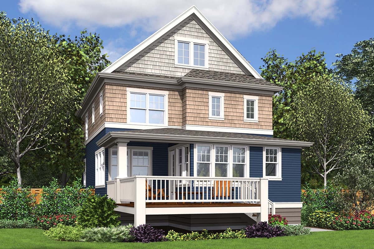 House plan exterior: Two-story home with a large front deck, prominent gables, and a mix of siding and shingle textures.
