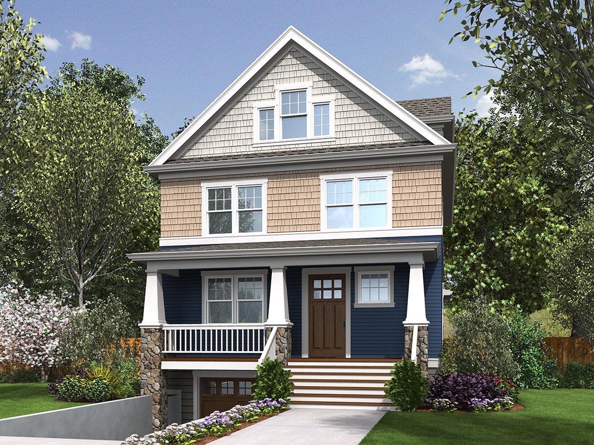 House plan exterior. Two-story Craftsman home with a front porch, gabled roof, and dormer. Features a garage and stone accents.