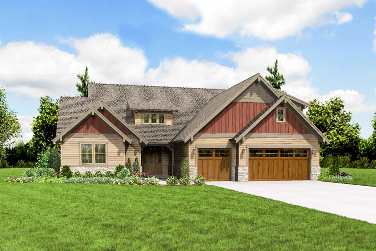 House plan exterior of a one-story home with a three-car garage, multiple gables, and dormer windows.