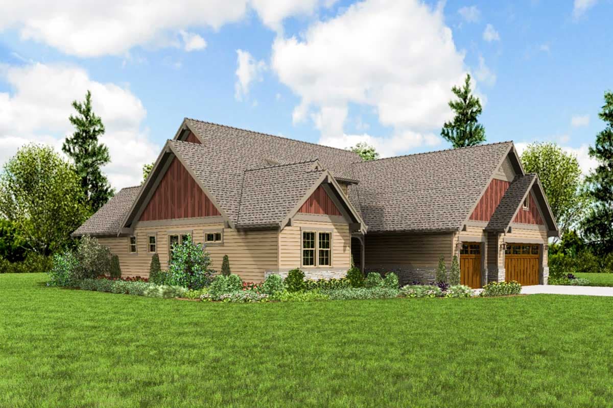 Craftsman style house plan exterior with a side-entry three-car garage, gables, and stone accents.