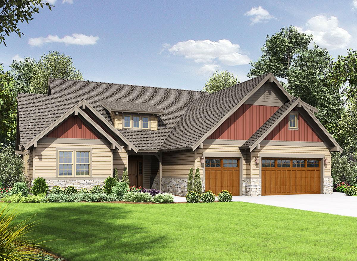 House plan exterior. Craftsman style with two stories, gabled rooflines, stone accents, and a front-facing, two-car garage.