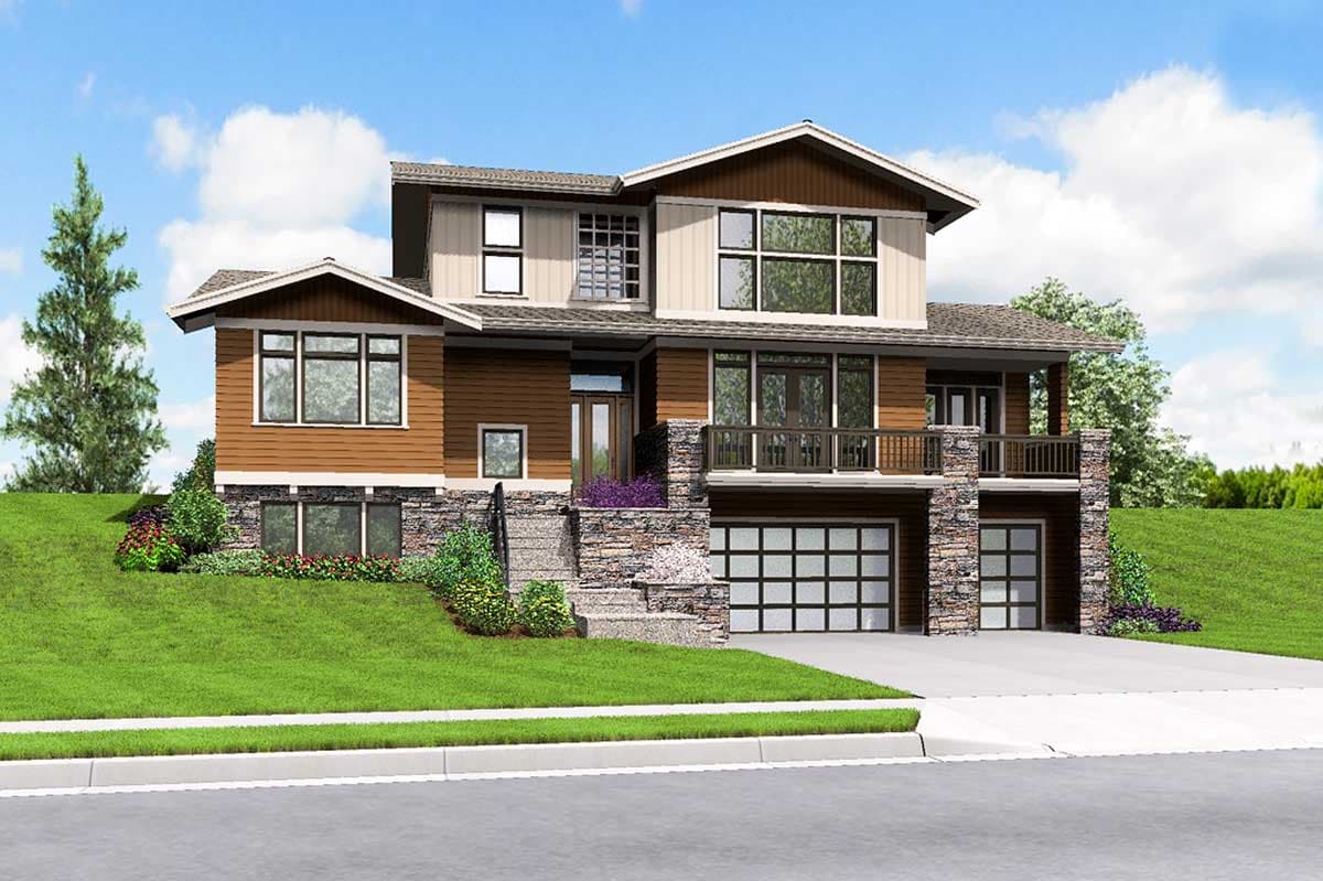 House plan exterior: two-story modern home with stone base, large windows, double garage, and upper-level balcony.