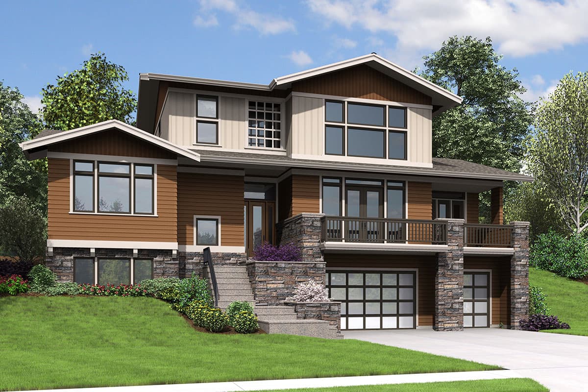 House plan exterior. Two-story, Modern style home with gabled roof, stone accents, balcony, and two-car garage.