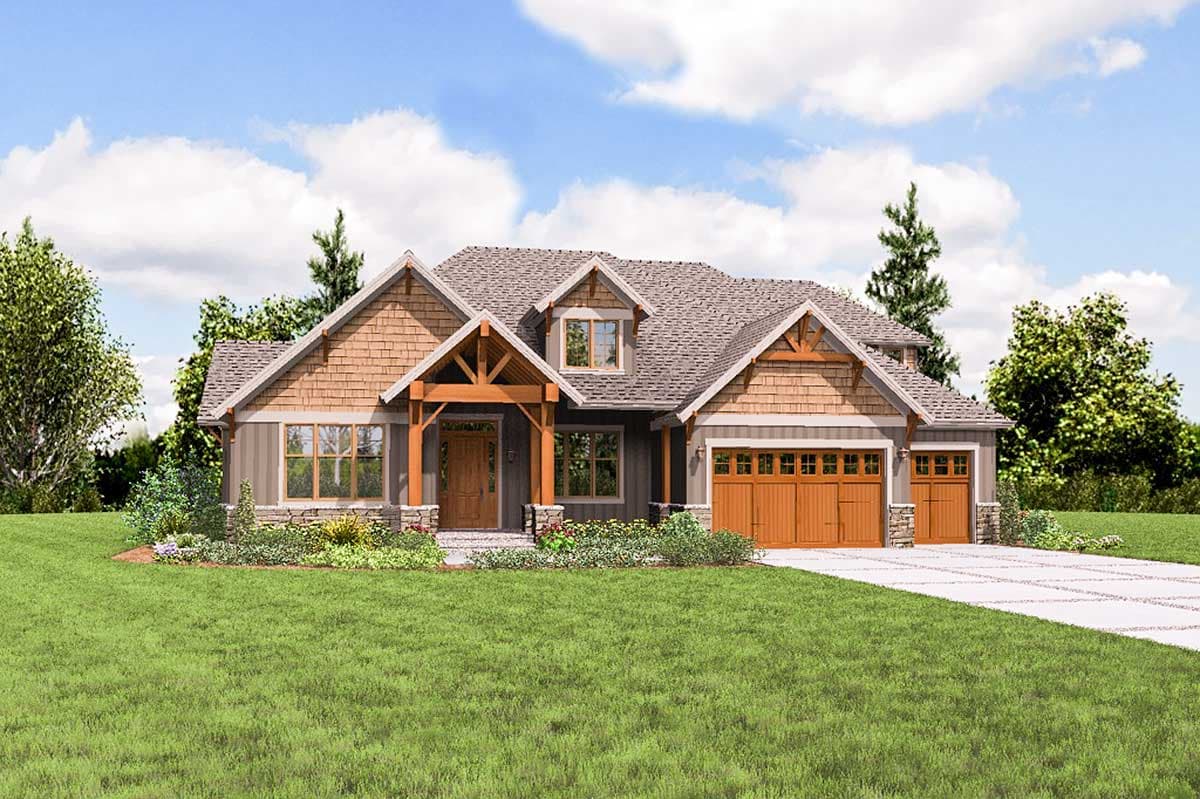 Craftsman style house plan exterior with a prominent covered entry, timber accents, dormers, and a three-car garage.