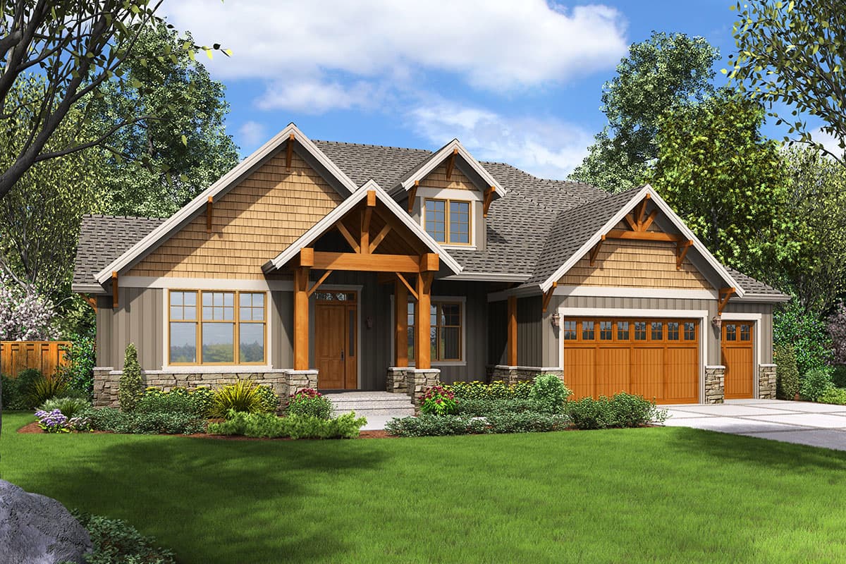 House plan exterior: Ranch style, one story, featuring a covered entry porch with exposed beams, gable dormers, and a detached two-car garage.