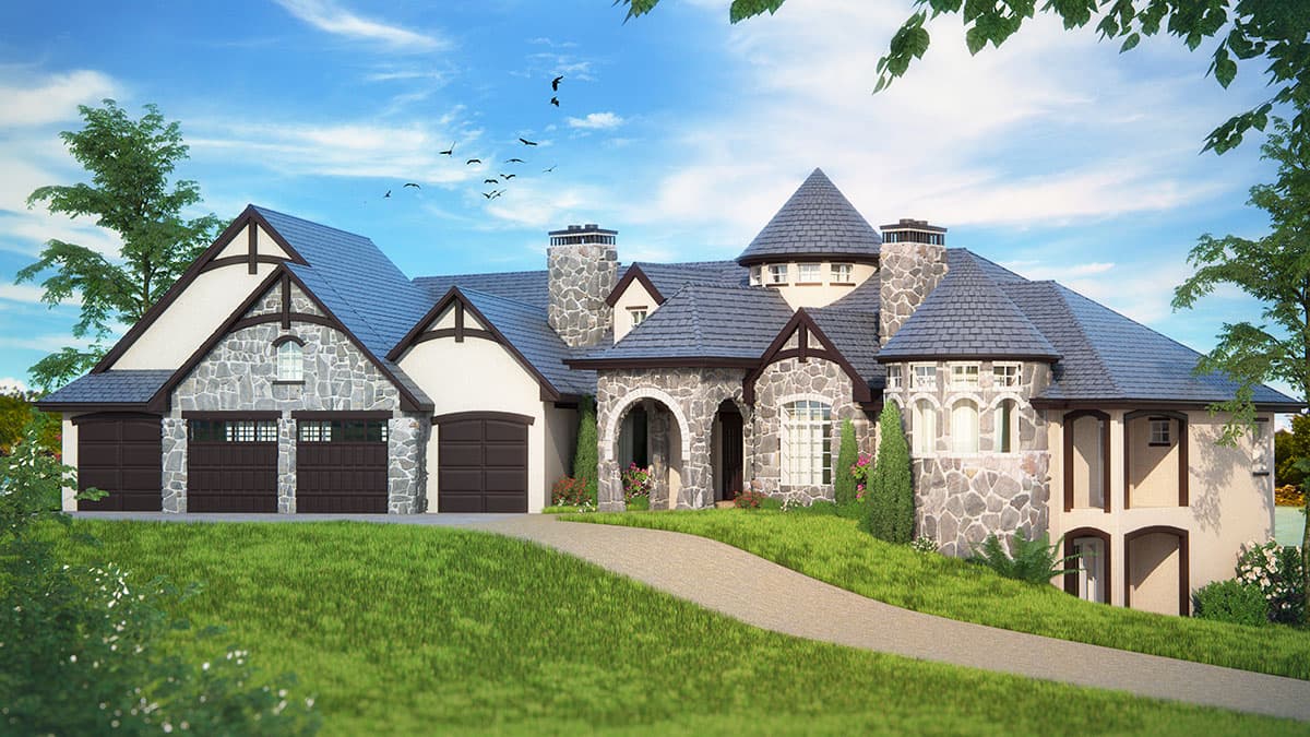 House plan exterior featuring a multi-gabled roof, stone facade accents, and a turret. Includes a two-car garage with a stone archway entrance.