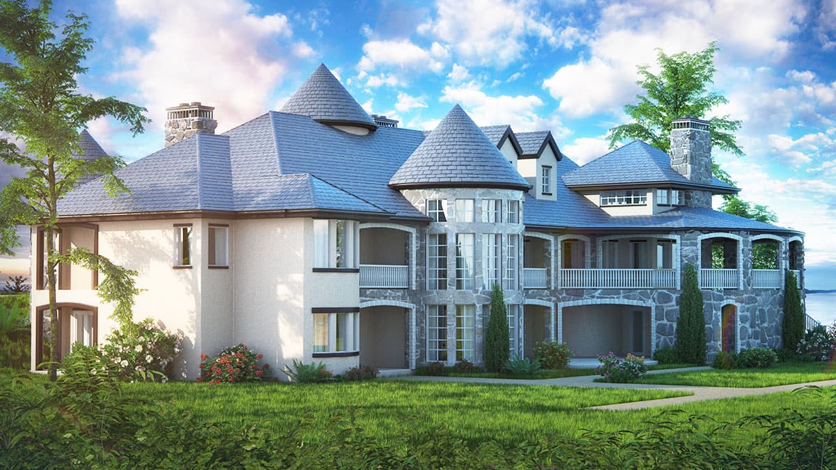 House plan exterior with multiple turrets, stone and stucco facade, dormers, and covered archways.