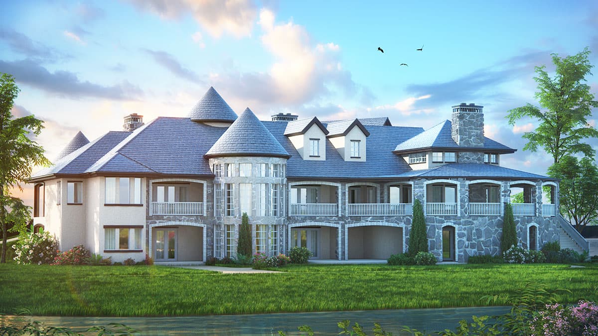 House plan exterior featuring multiple gables, conical turrets, a stone chimney, and covered porches.