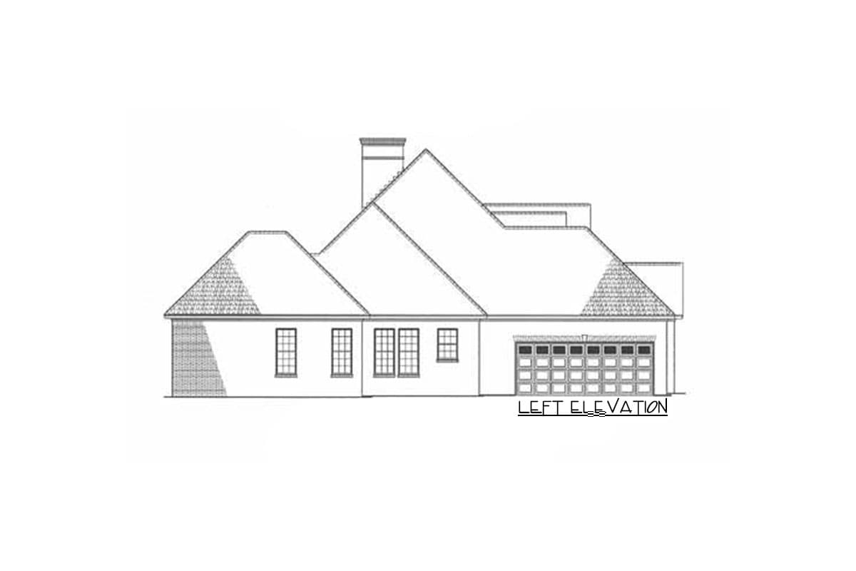 Left elevation drawing of a house plan, showing a pitched roof, chimney, garage, and multiple windows.