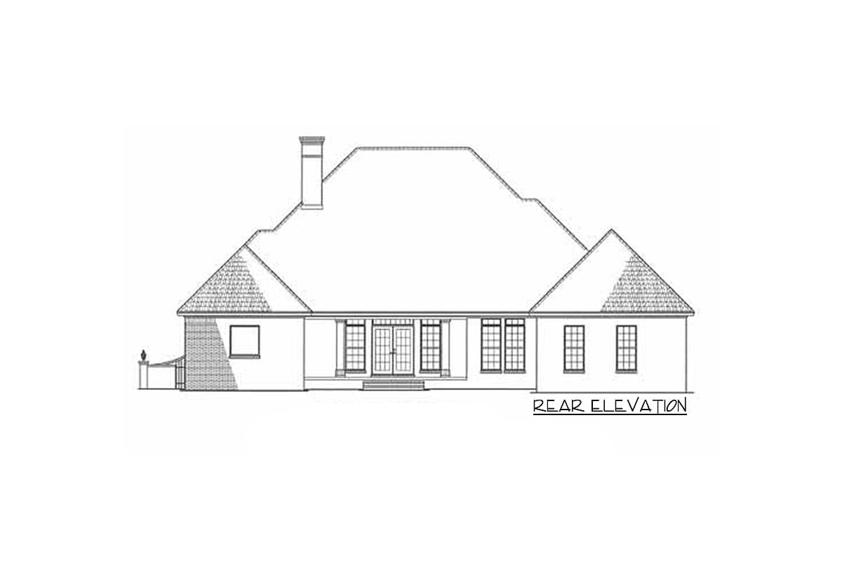 Rear elevation drawing of a house plan with a prominent hip roof, chimney, central double doors, and multiple windows.