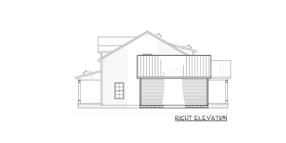 Right elevation house plan showing a two-story structure with gables, siding, a porch, and garage.