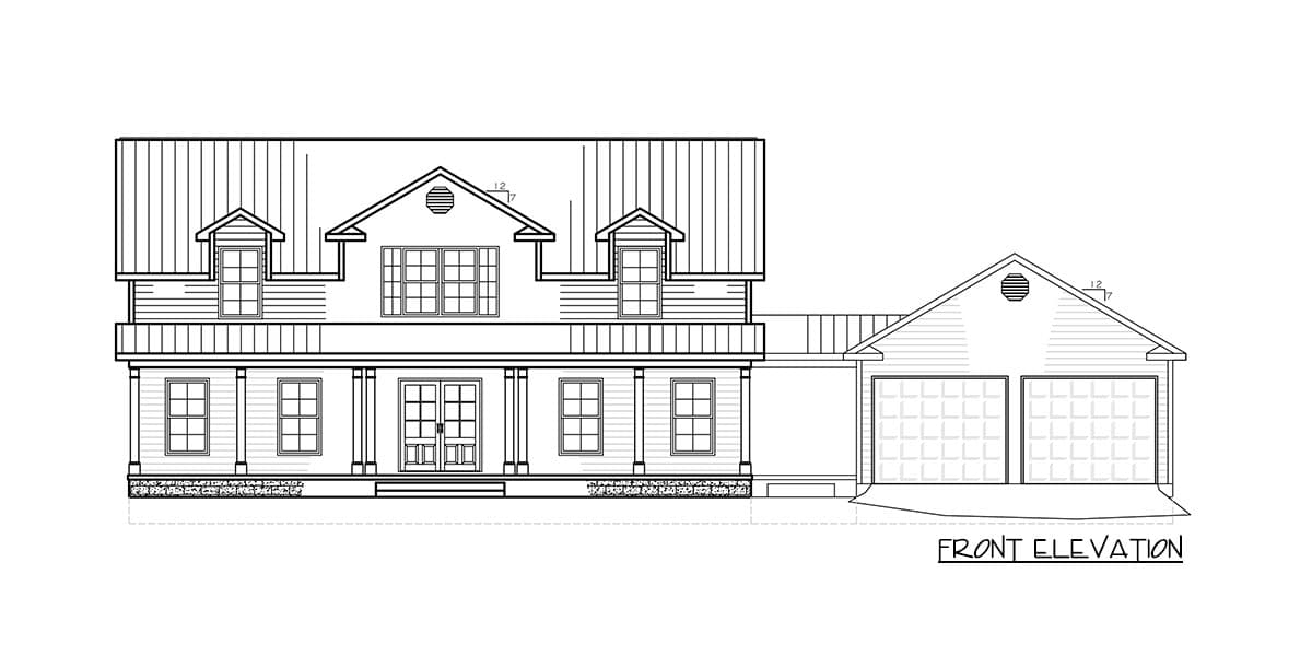 Front elevation of a two-story house plan with a front porch, dormers, and an attached two-car garage.