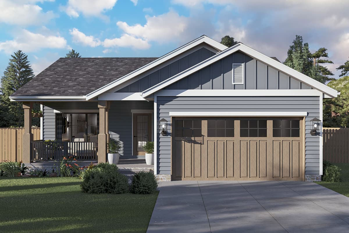 House plan exterior. Craftsman style, single-story home with a gabled roof and a front porch. Features an attached garage and horizontal siding.