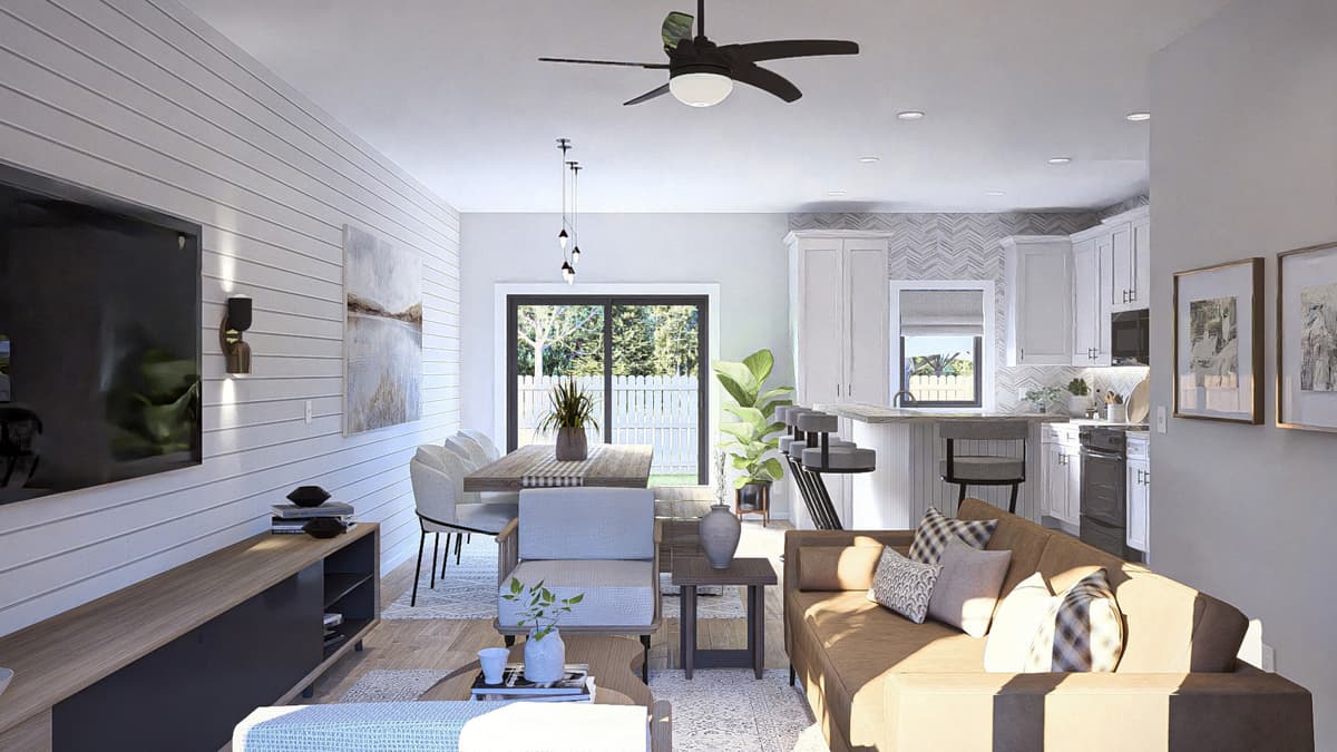 Rendering of a living area with kitchen island, dining table, and sofa.