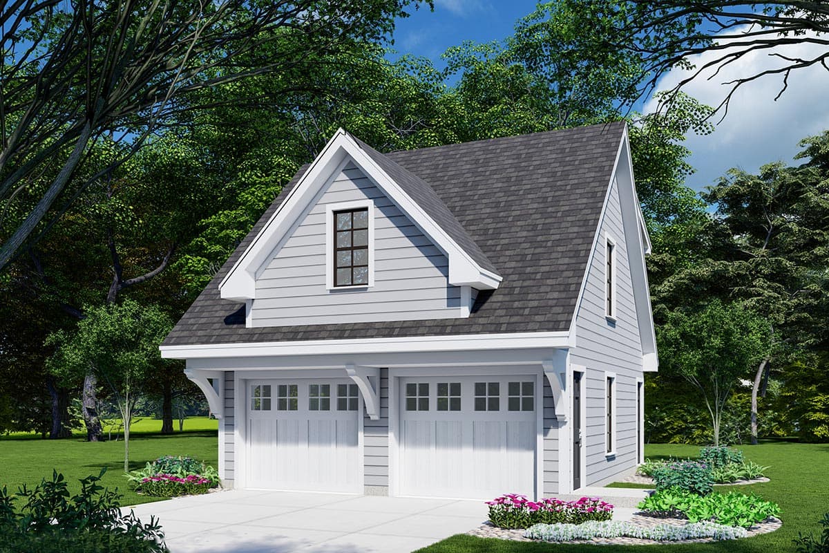 House plan exterior. Two-story structure with gable roof. Includes two-car garage with overhead doors and decorative corbels. Features dormer.