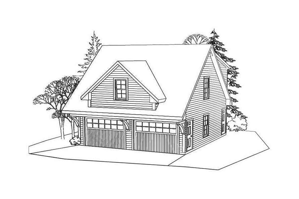 House plan exterior: Two-story Craftsman style with a gambrel dormer, two-car garage, and board-and-batten siding.