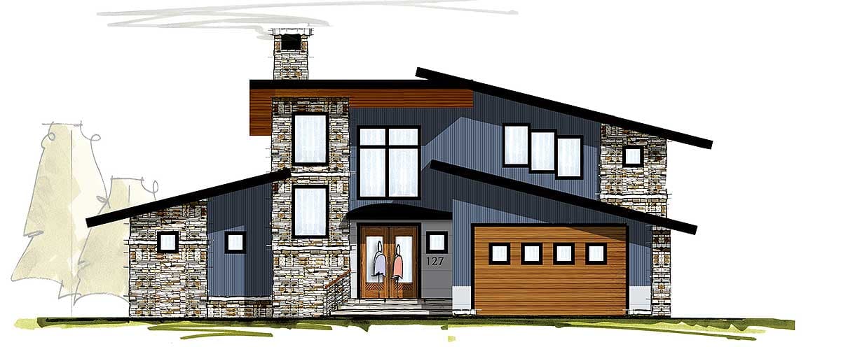 House plan exterior. Modern style with stone and board & batten siding, multiple roof lines, and a two-car garage. Features a chimney.