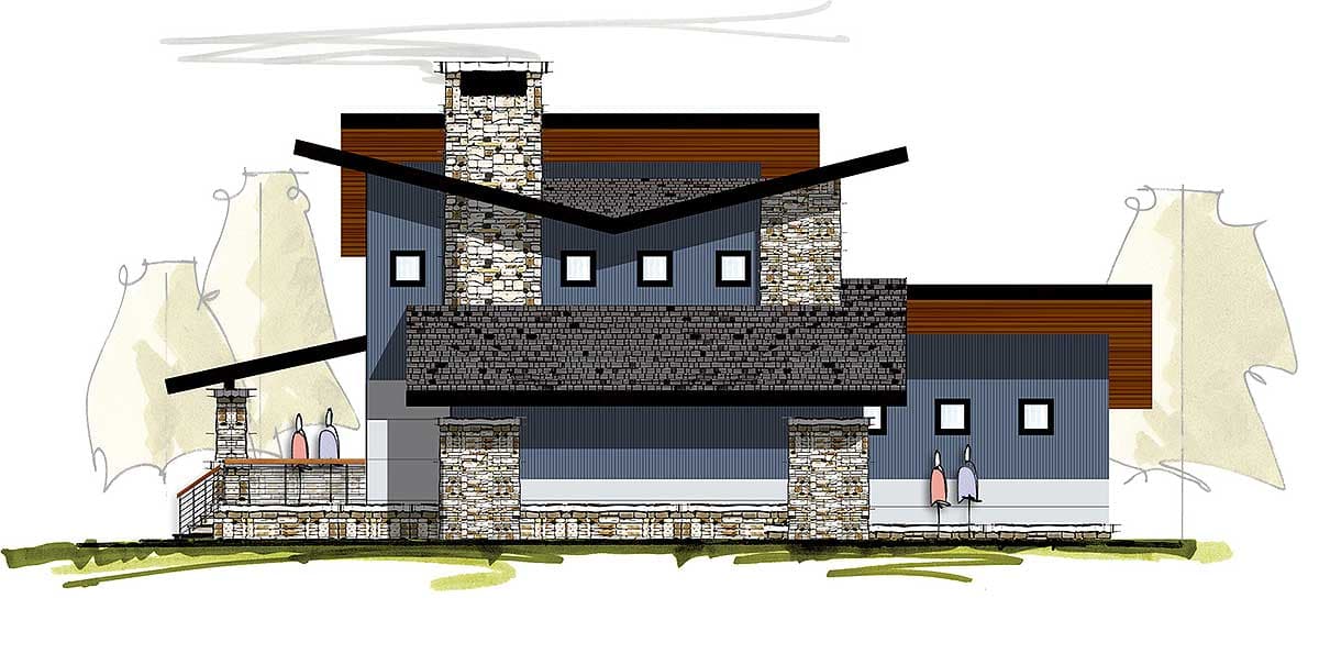 House plan exterior: Modern design with stone accents, multiple gables, prominent chimneys, and cantilevered rooflines.