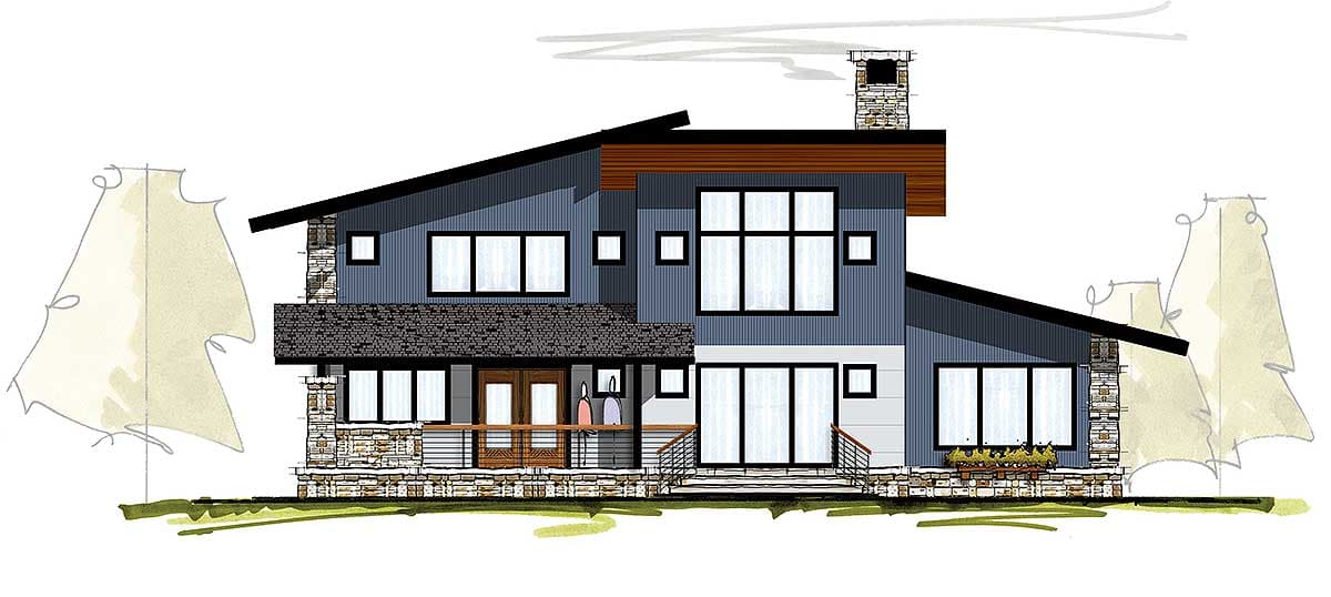 Modern house plan exterior with multiple gables, stone accents, large windows, and a prominent chimney.