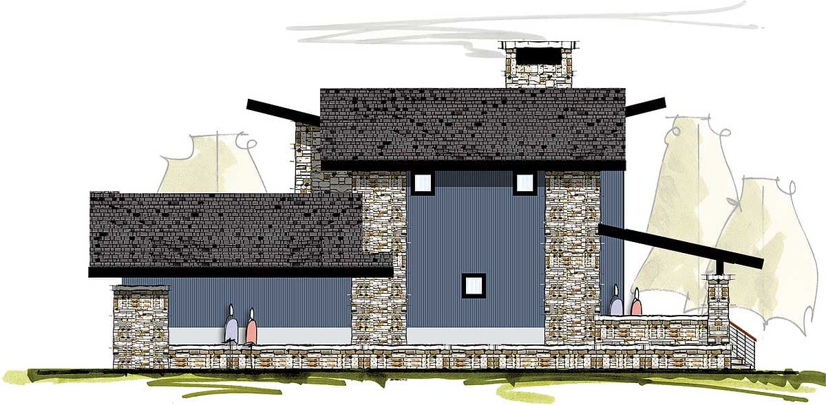 House plan exterior: Two-story modern home with stone and corrugated metal siding, pitched roofs, and covered porch.