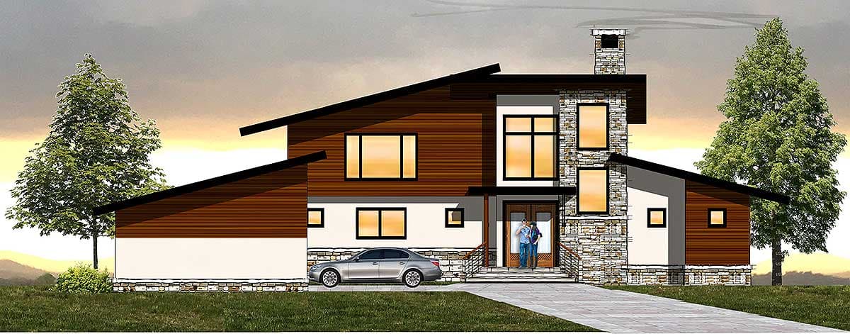 House plan exterior with modern style, two stories, and a prominent asymmetrical roofline. Features include stone accents, and a covered entry.