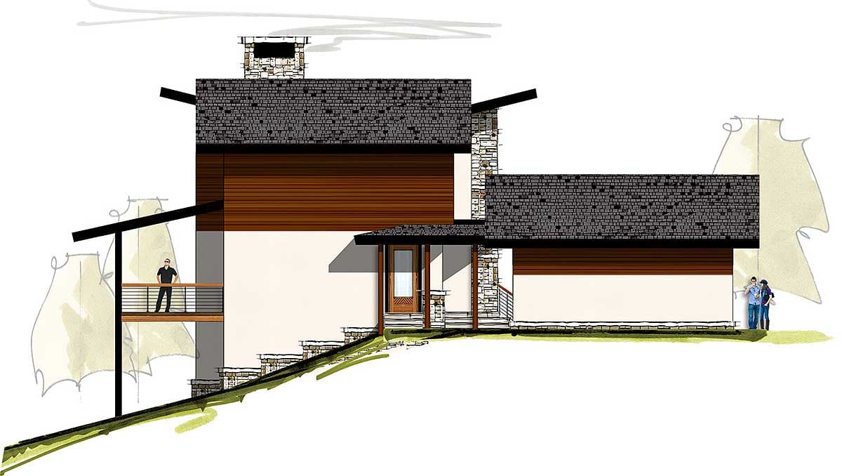 Modern house plan exterior with stone chimney, tiered rooflines, wood siding, and elevated balcony.