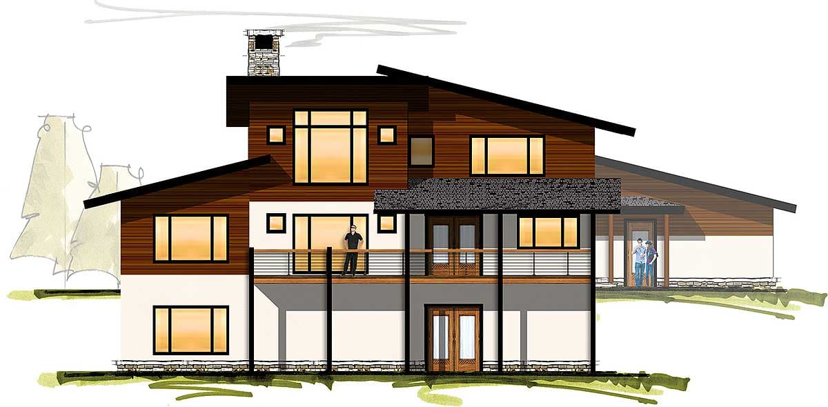 Modern house plan exterior with two stories, large windows, wood siding, stone chimney, and tiered balconies.