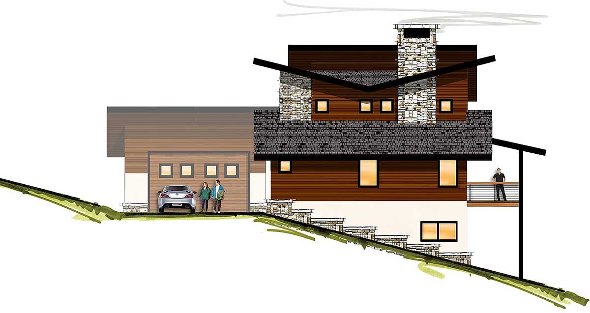 House plan exterior rendering shows a modern multi-level home with wood siding, stone chimney, attached garage, and balcony.