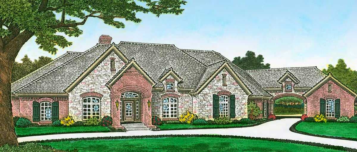 House plan exterior with stone and brick facade, multiple gables, arched entry, and dormers. Features a shingled roof.