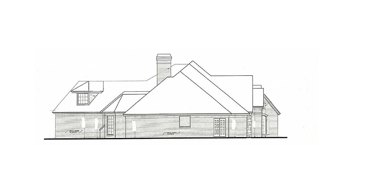 House plan side elevation showing a single-story brick structure with a prominent gable roof, dormer window, and double doors.