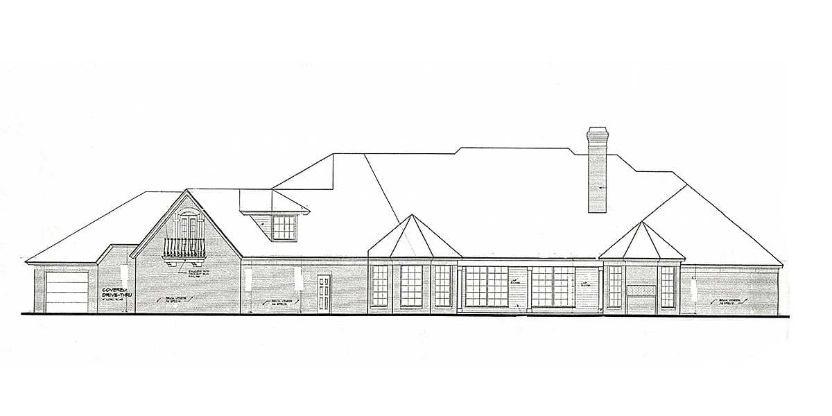 House plan side elevation: one-story with attached garage, dormer, balcony, and numerous windows.