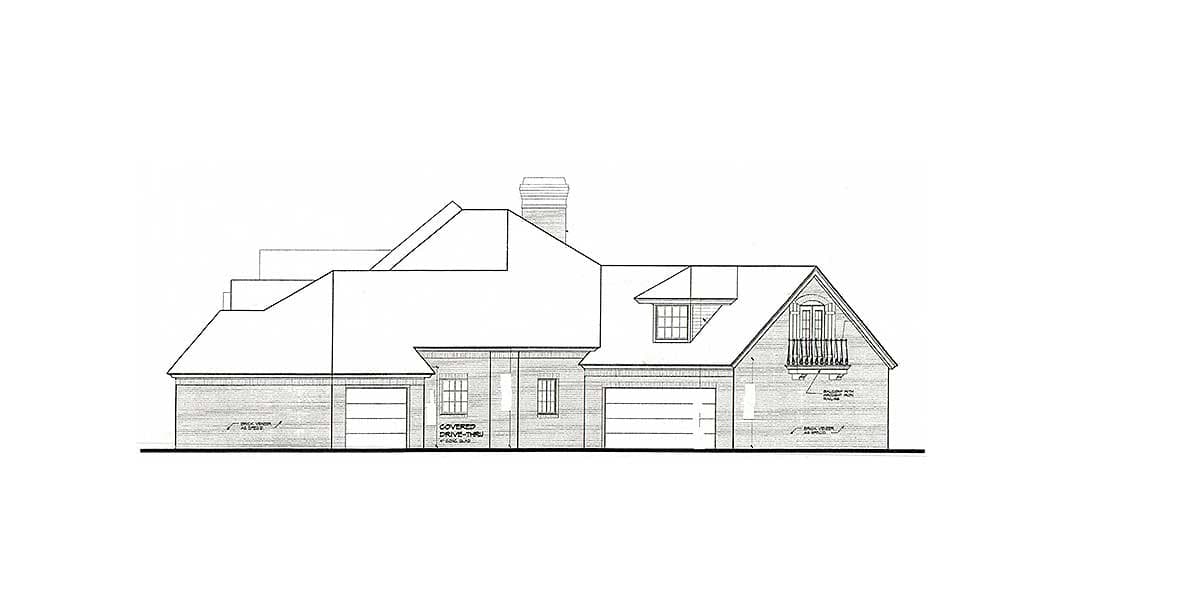 House plan exterior drawing showing two garages, a chimney, dormer window, and covered drive-thru.