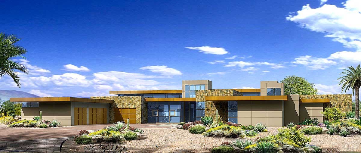 House plan exterior. Modern style, single-story home with flat roof, stone facade, and attached garage. Large windows and desert landscaping.