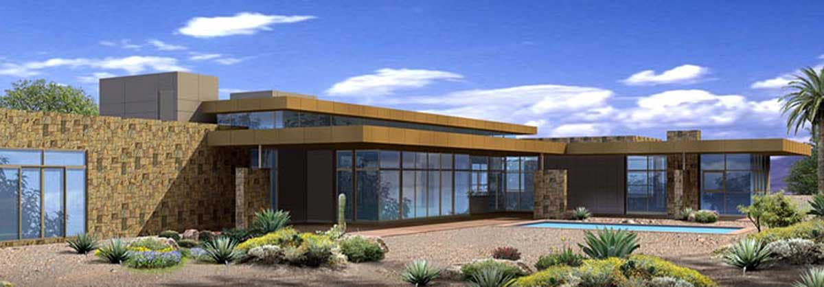 Modern house plan exterior with stone facade, cantilevered roof, and expansive glass windows.
