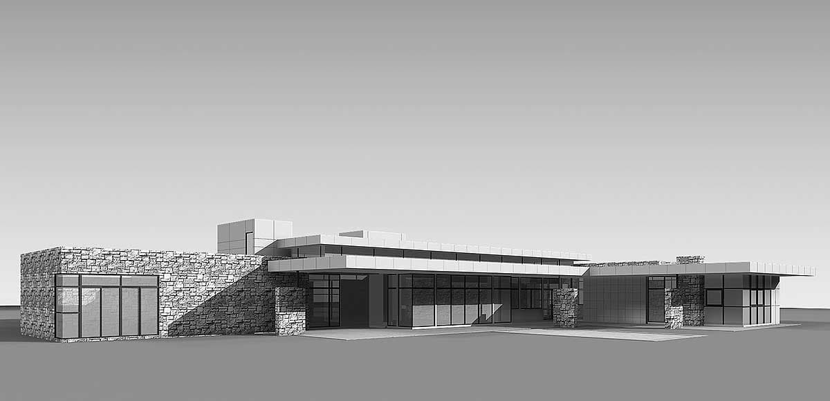 Modern house plan exterior with stone accents, extensive glazing, and a low-profile roofline.