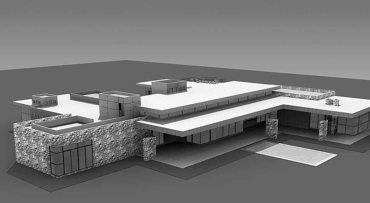 Modern house plan exterior with stone accents, flat rooflines, extensive glazing, and multiple rectangular volumes.