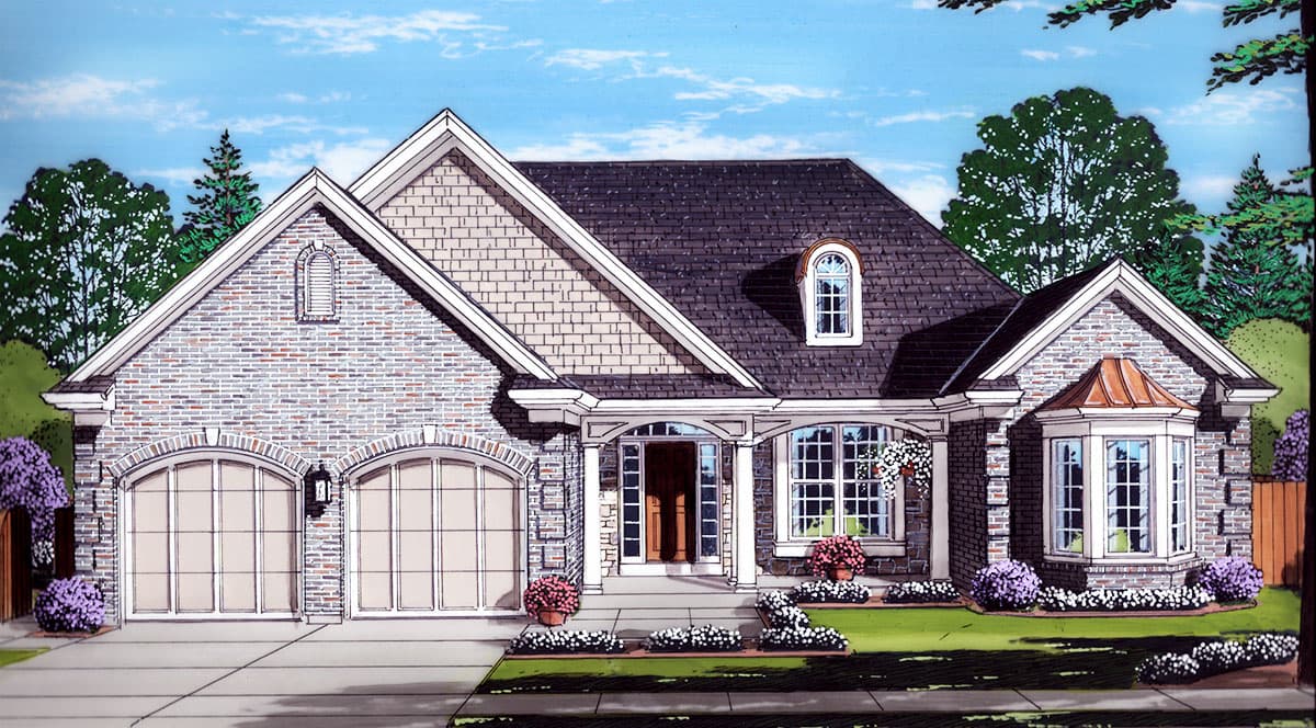 House plan exterior. Two-story home with Craftsman influence. Features include a front-facing gable, arched garage, and bay window.