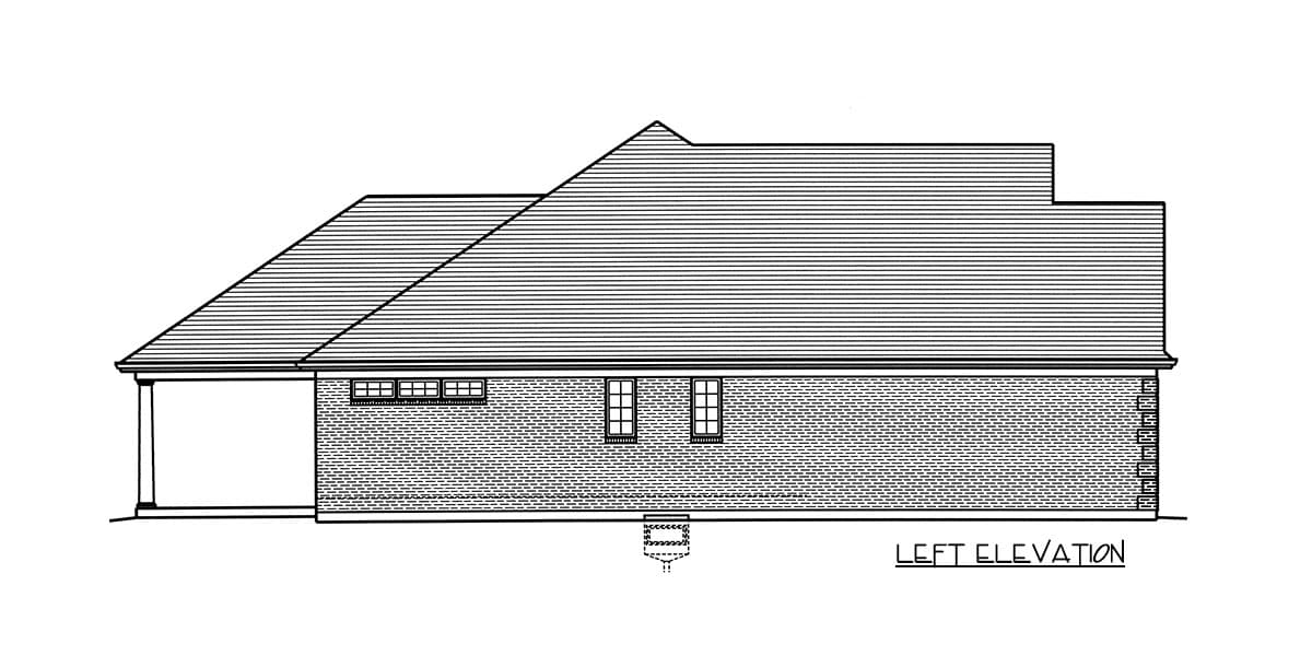 Left elevation drawing of a one-story house plan with a long, sloping roof, brick exterior, and a covered porch.