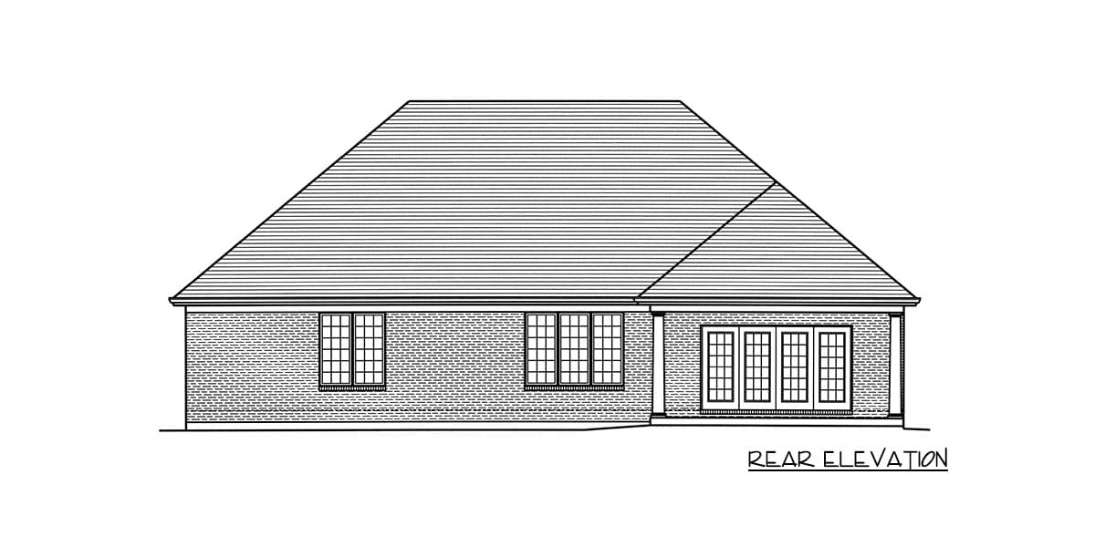 Rear elevation of a brick house plan, showing a hipped roof, multiple windows, and French doors.