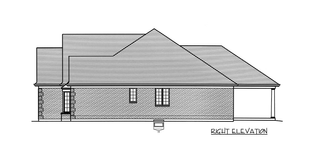 House plan right elevation drawing showing brick facade, multiple rooflines, and a garage.