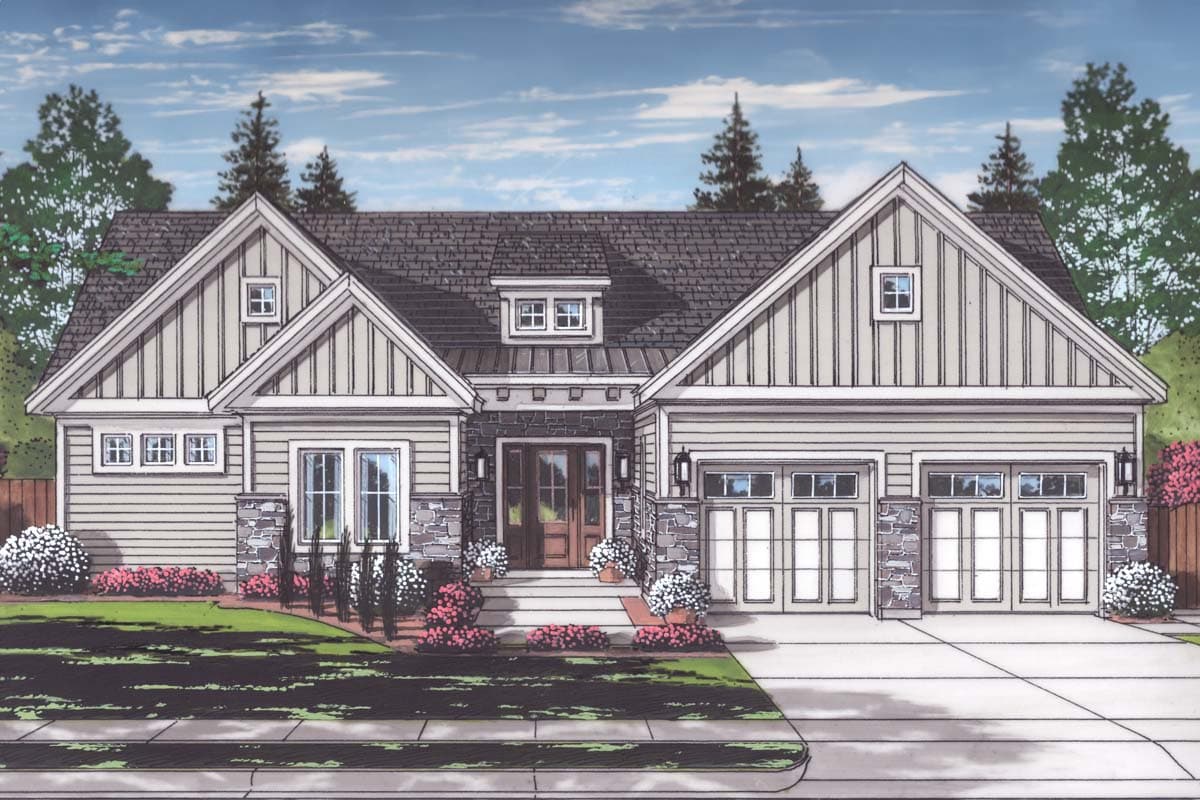 House plan exterior. Craftsman style, one story home with gabled roof, dormers, and an attached two-car garage.