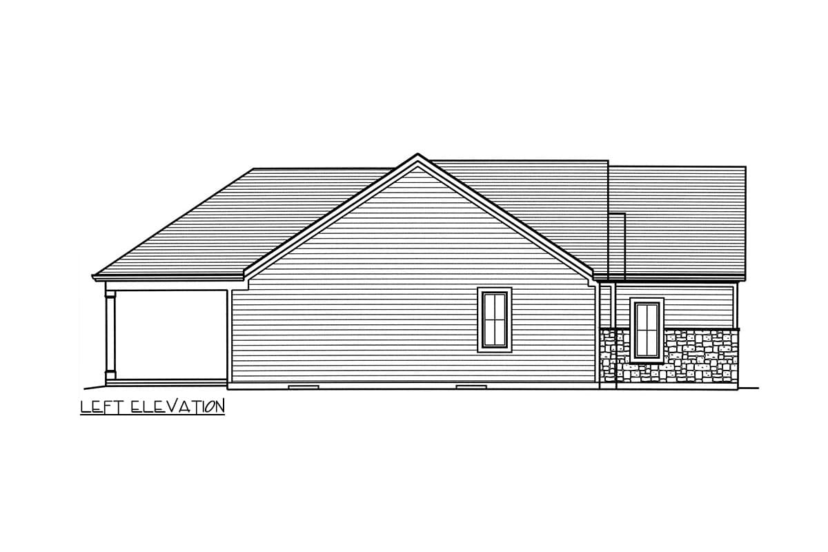 Left elevation house plan shows a home with gabled roof, vinyl siding, stone base, and covered porch.