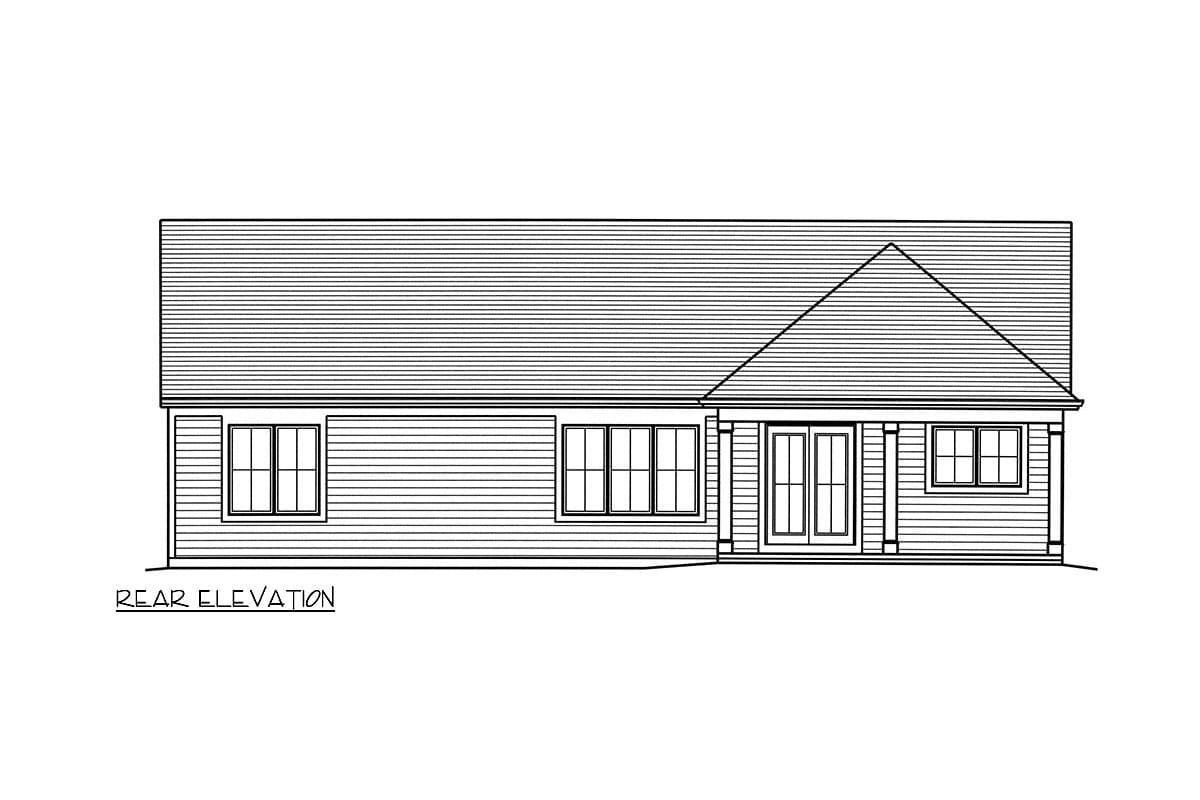 Rear elevation drawing of a house plan with double doors and three windows.