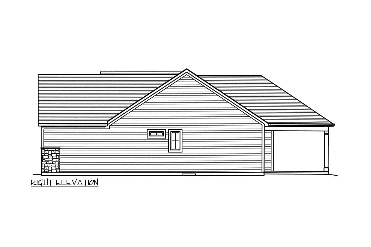 Right elevation house plan drawing showing siding, stone foundation, two windows, and covered porch.