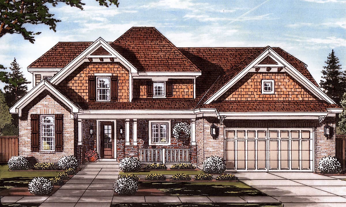 House plan exterior rendering. Craftsman style, two stories, front porch, gables, and attached garage. Brick and shingle siding with dormers.